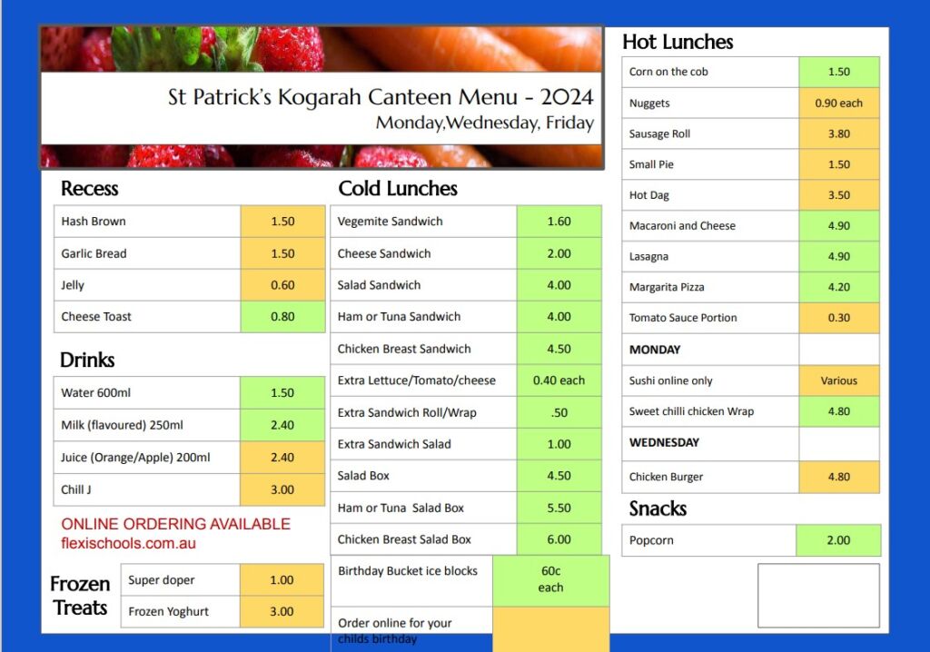 Canteen Menue 2024 | St Patrick's Catholic Primary School - Kogarah